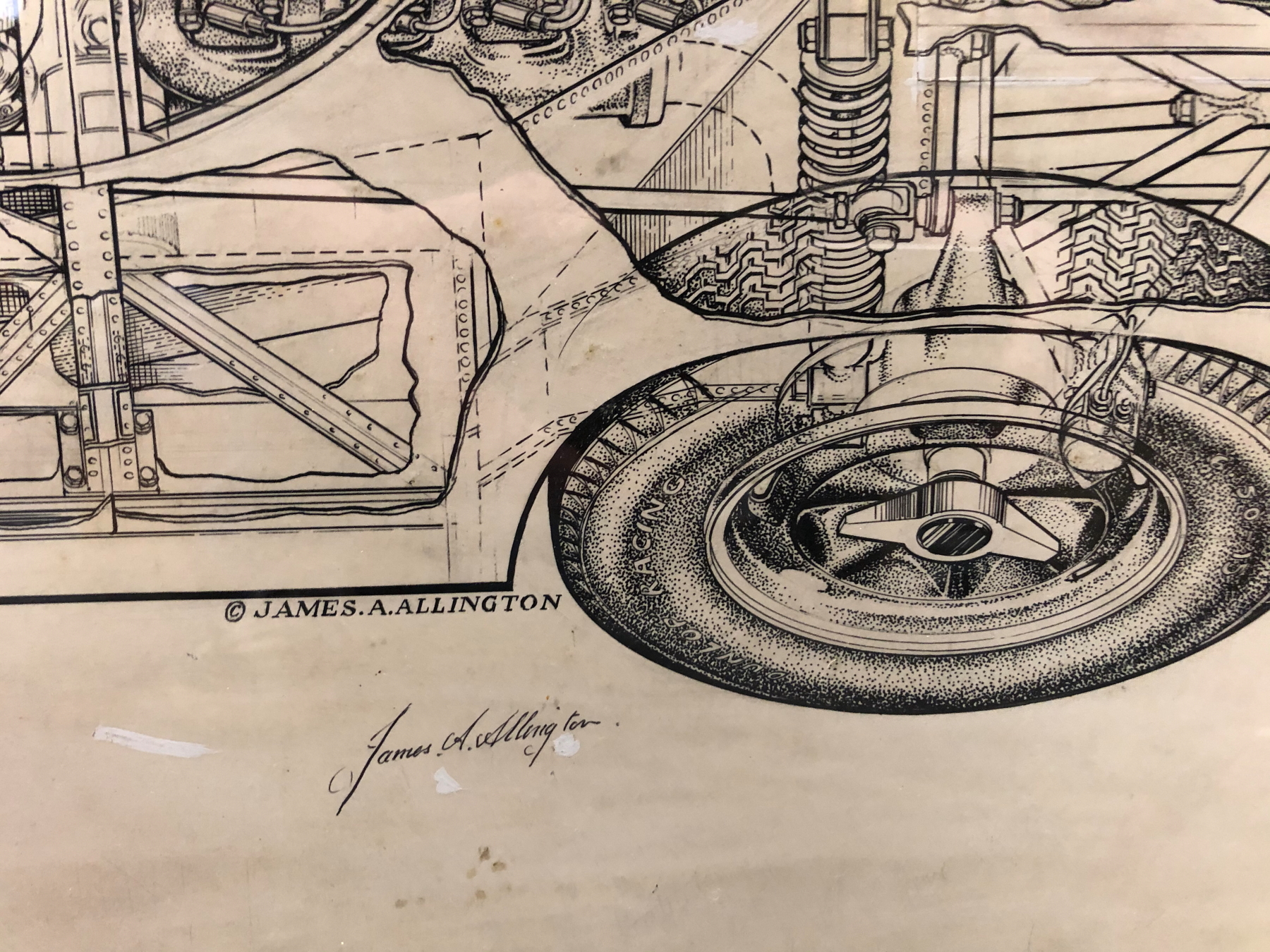 JAMES ALLINGTON, TWO INK CUTAWAY DRAWINGS OF CARS, THE LARGER OF A LOLA, BOTH SIGNED. 53 x 78cms. - Image 7 of 14