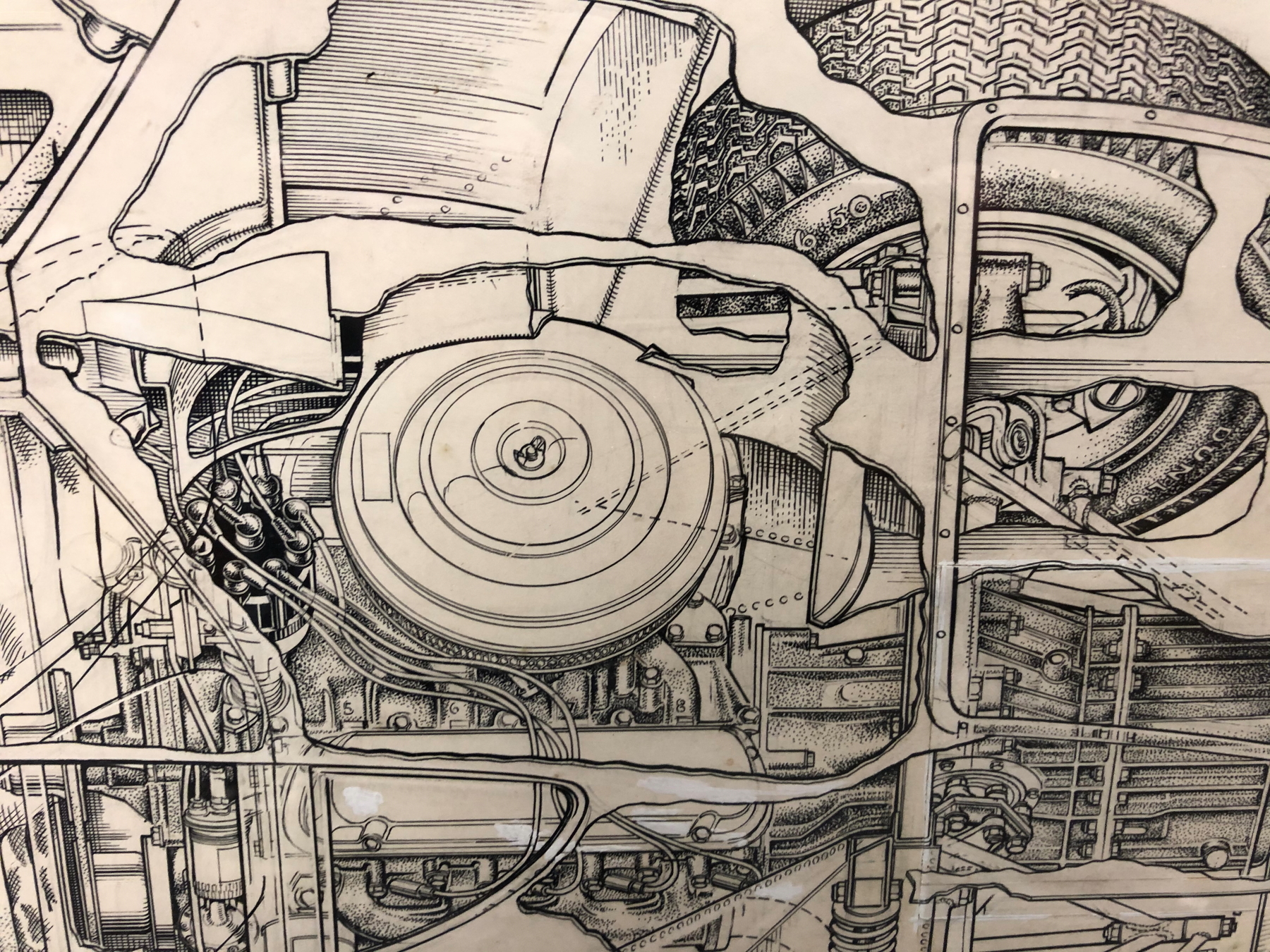 JAMES ALLINGTON, TWO INK CUTAWAY DRAWINGS OF CARS, THE LARGER OF A LOLA, BOTH SIGNED. 53 x 78cms. - Image 8 of 14