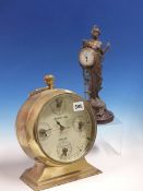 A JUNGHANS PENDULUM CLOCK SWUNG BY A SPELTER CLASSICAL LADY. H 29cms. TOGETHER WITH A BRASS CASED