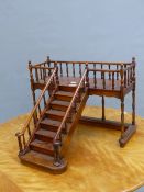 A MAHOGANY STAIRWAY UP TO A BALUSTRADED GALLERY. H 36 x D 48cms.