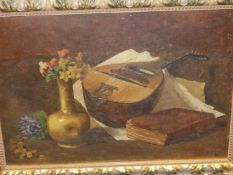 G.DELAPLANCHES (19th.C. CONTINENTAL SCHOOL). 'A STILL LIFE WITH MANDOLIN' SIGNED, OIL ON CANVAS LAID