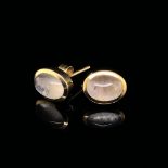 A PAIR 14CT YELLOW GOLD AND MOONSTONE STUD EARRINGS.