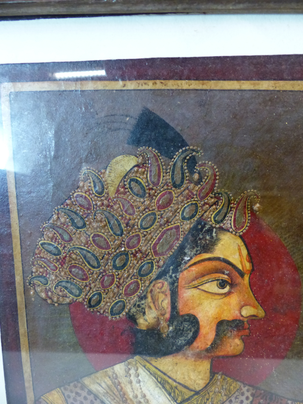 A PAIR OF 19th C. INDIAN MINIATURES OF A MOUSTACHIOED DIGNITARY AND OF HIS WIFE, BOTH THEIR HEADS - Image 9 of 11