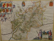 ANTIQUE, HAND COLOURED FOLIO MAP OF GLOUCESTERSHIRE BY J.BLAEU. 43 x 51cms.