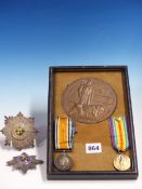 A WWI PAIR OF MEDALS TO CAPT. ROWLAND BURDON TOGETHER WITH HIS DEATH PENNY PLAQUE, TWO UN-ASSOCIATED