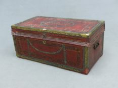 A 19th. C. CHINESE EXPORT POLYCHROME RED LEATHER COVERED CAMPHOR WOOD TRAVELLING TRUNK, BRASS EDGES,