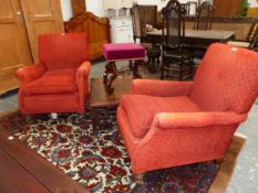 A PAIR OF VICTORIAN LIBRARY ARMCHAIRS UPHOLSTERED IN GOLD DIAMOND DIAPERED RED CORDUROY AND ON