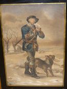 19th.C. ENGLISH NAÏVE SCHOOL. PORTRAIT OF A WOODCUTTER AND HIS DOG, WATERCOLOUR. 56 x 38cms.