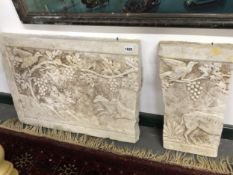 TWO WHITE MARBLE SECTIONS OF A RELIEF PANEL CARVED WITH BIRDS ON GRAPE VINES ABOVE DEER. H 65 x W 62