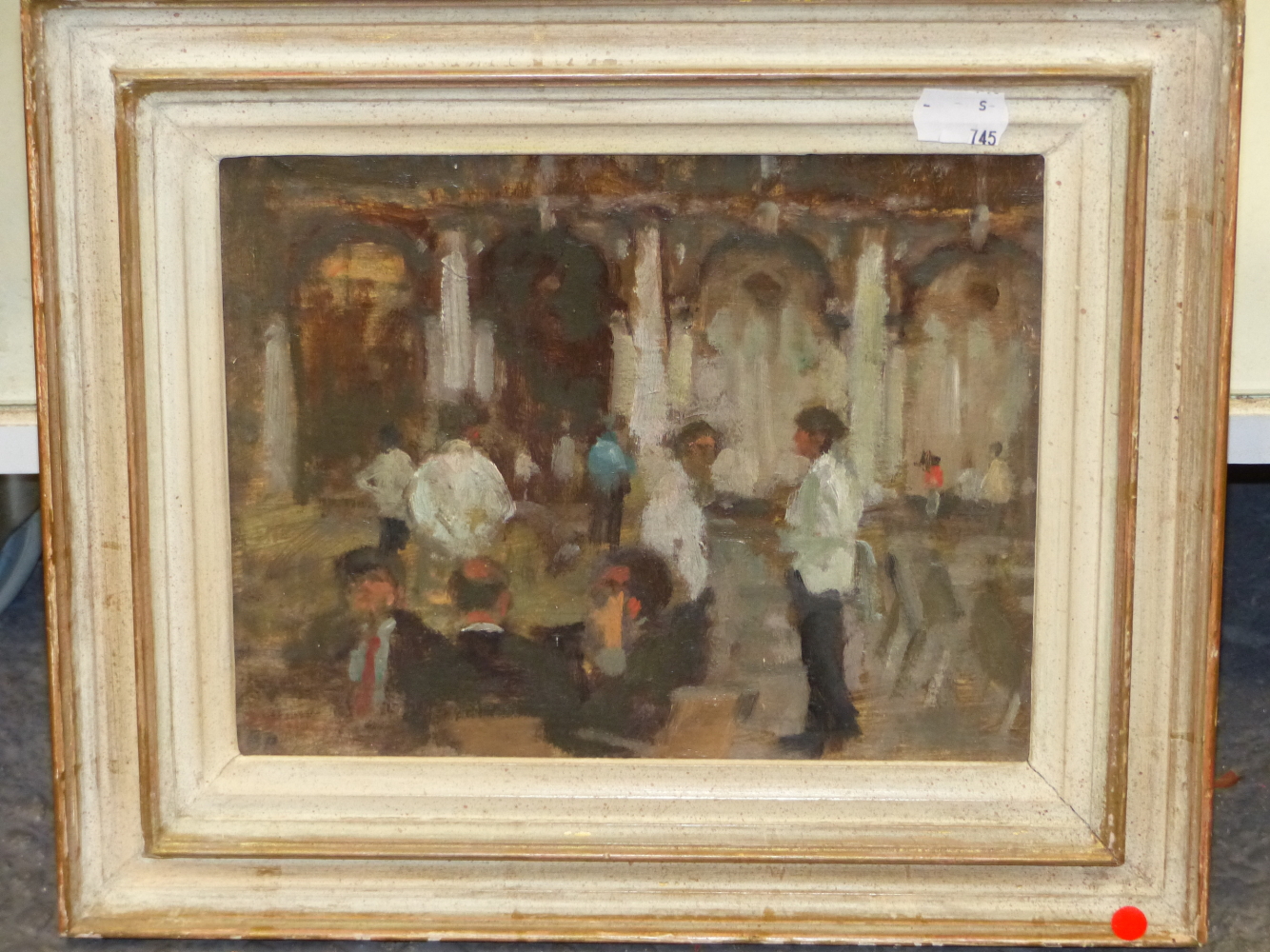 BERNARD DUNSTAN (1920-2017). ARR. WAITERS AT FLORIANS, INITIALLED OIL ON BOARD, INSCRIBED VERSO WITH - Image 3 of 5