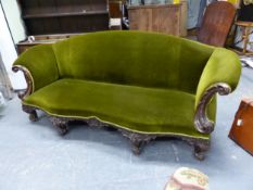 A VICTORIAN MAHOGANY SETTEE, THE ARCHED BACK, ARMS AND WAVY FRONTED SEAT UPHOLSTERED IN DEEP OLIVE