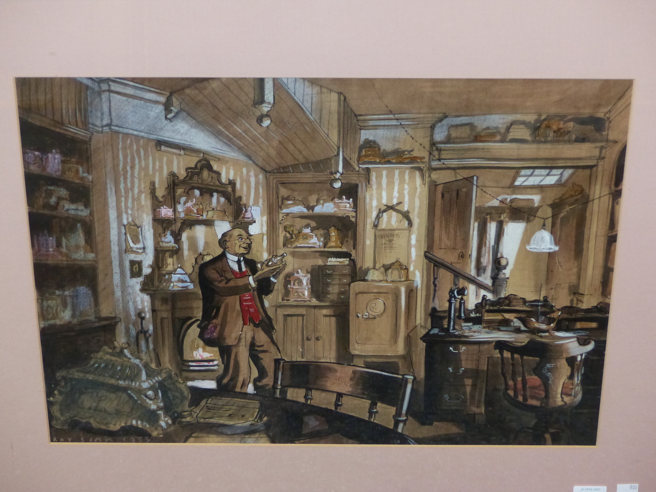 RAYMOND SIMM (20th.C. SCHOOL). THE COLLECTOR, GOUACHE, SIGNED, 36 x 51cms, TOGETHER WITH ANOTHER - Image 6 of 10