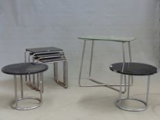 A PAIR OF RETRO CHROME BASE GLASS TOP OCCASIONAL TABLES, PROBABLY BY P.E.L., A SIMILAR NEST OF THREE