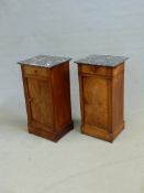 TWO FRENCH WALNUT MARBLE TOP BEDSIDE CABINETS. 33 x 38 x 72cms.