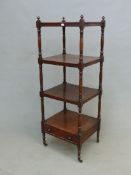 A 19th C. MAHOGANY FOUR RECTANGULAR TIER WHATNOT WITH A DRAWER BELOW THE BOTTOM SHELF. W 46 x D 39 x