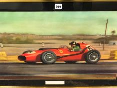AFTER ROY NOCKOLDS (1911-79), MIKE HAWTHORN RACING A FERRARI IN 1958, A GOLD FRAMED PRINT. 41 x