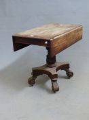 A CARVED MAHOGANY WILLIAM IV DROP LEAF LIBRARY TABLE, FOLIATE PEDESTAL AND SCROLL FEET, H. 78 X