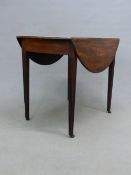 A CARVED MAHOGANY GEORGIAN PEMBROKE TABLE, BOWED ENDS WITH APRON DRAWER, REEDED LEGS, LEATHER