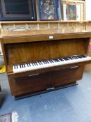 AN UNUSUAL ART DECO FRENCH WALNUT CASE PIANO, IRON FRAME, LABELLED A. HANLET, DROP DOWN KEYBOARD