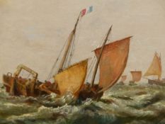 LATE 19th.C. ENGLISH SCHOOL. FISHING BOATS OFF A COASTLINE, OIL ON CANVAS. 60 x 110cms.