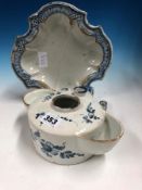 A 19th C. FRENCH FAIENCE BLUE AND WHITE INKWELL, POSSIBLY NEVERS, THE HANDLE TO THE CYLINDRICAL