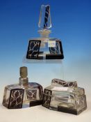 THREE CZECHOSLOVAKIAN ART DECO GLASS DRESSING TABLE WARES TOGETHER WITH FOUR POWDER COMPACTS PRINTED