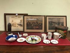 VARIOUS HUNTING PRINTS, MG CAR PRINTS, MAIWAND BERKSHIRE REGIMENT PRINT, COMMEMORATIVE WARES AND TWO