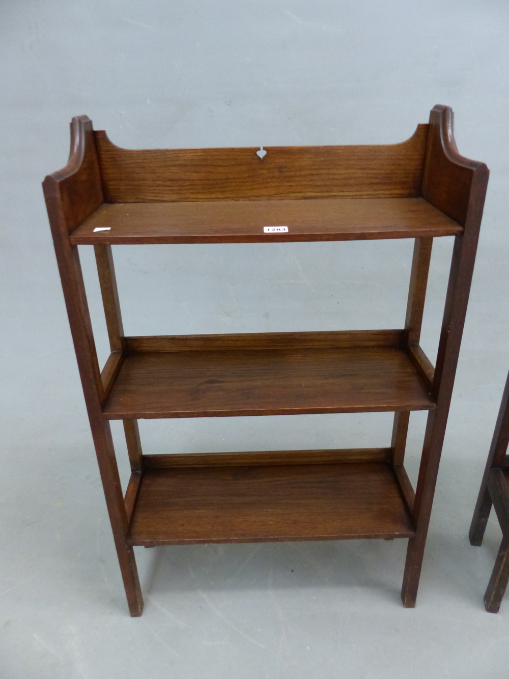 A PAIR OF ARTS AND CRAFTS OAK OPEN BOOK CASES, THREE QUARTER GALLERIES TO THE TOP OF THE THREE - Image 2 of 8