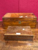 A 19th C. WALNUT WRITING SLOPE CONTAINING A KHAKI BELT AND HOLSTER, THE SLOPE. W 40.5cms. TOGETHER