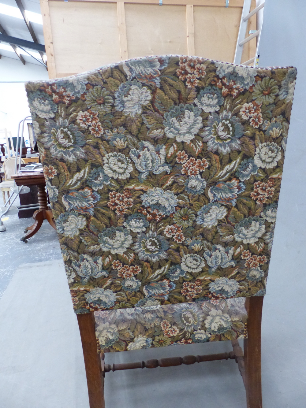 A CHARLES II STYLE BEECH WOOD ELBOW CHAIR WITH FLORAL UPHOLSTERED RECTANGULAR BACK AND SEAT - Image 9 of 9