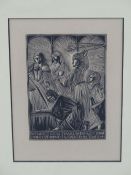 ERIC GILL (1882-1940). CHRIST AND THE MONEY CHANGERS, WOOD ENGRAVING, 19 x 13cms.