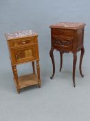 TWO MOTTLED RED MARBLE TOPPED FRENCH WALNUT TWO TIER SIDE CABINETS, ONE WITH APRON DRAWER AND