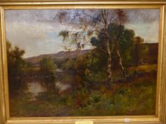 ERNEST PARTON (1845-1933). THROUGH HILL AND DALE STREAMLET GENTLY FLOWS, SIGNED OIL ON CANVAS. 78