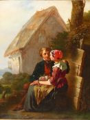 19th.C. CONTINENTAL SCHOOL. THE COURTSHIP. INDISTINCTLY SIGNED, INSCRIBED VERSO, OIL ON PANEL. 25