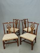 FOUR ANTIQUE CARVED MAHOGANY CHIPPENDALE STYLE CHAIRS, PIERCED SLATS, BLIND FRET FRONT LEGS.