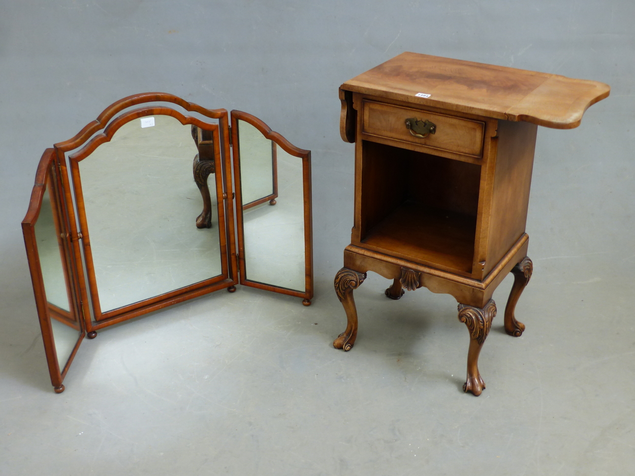 A WALNUT GEORGIAN STYLE TRIPTYCH MIRROR, TOGETHER WITH A CARVED AND INLAID DROPLEAF SMALL SIDE