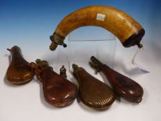 FIVE POWDER HORNS, TWO LEATHER WALLETS AND A PEWTER MEASURE, THREE OF THE POWDER HORNS IN COPPER,