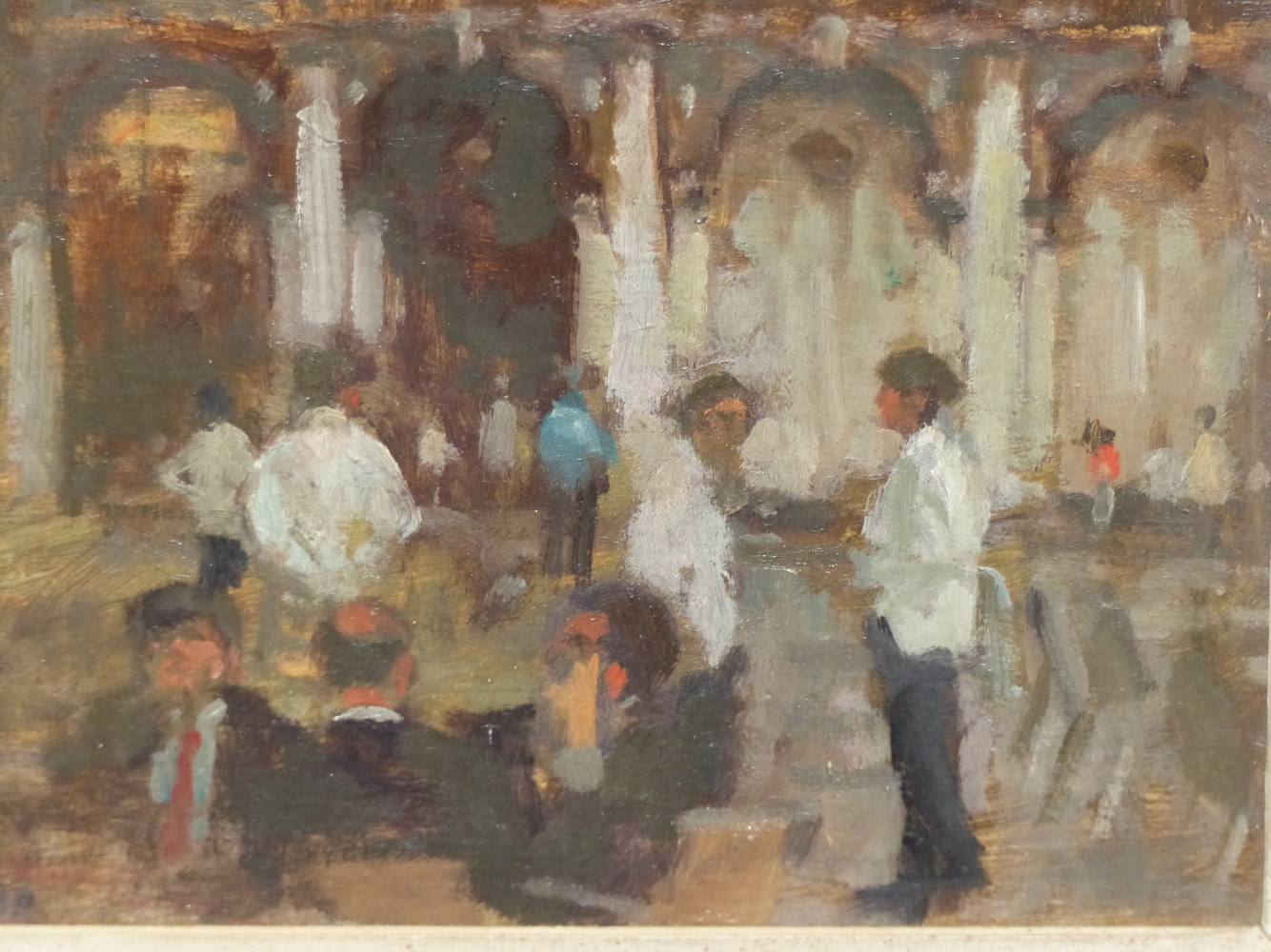 BERNARD DUNSTAN (1920-2017). ARR. WAITERS AT FLORIANS, INITIALLED OIL ON BOARD, INSCRIBED VERSO WITH - Image 2 of 5