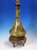 A CHINESE CLOISONNE VASE FORM TABLE LAMP, THE FOOT OF THE TRUMPET SHAPE MOUNTED ONTO A WOOD STAND,