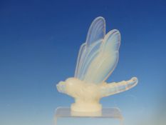 A SABINO OPALESCENT GLASS DRAGONFLY (LIBELLULE) CAR MASCOT. H 15cms. TOGETHER WITH A SABINO SPARROW.