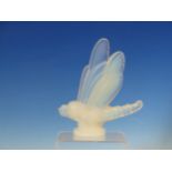 A SABINO OPALESCENT GLASS DRAGONFLY (LIBELLULE) CAR MASCOT. H 15cms. TOGETHER WITH A SABINO SPARROW.