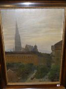 A. BARKER (EARLY 20th.C.). A VIENNA CITY VIEW, SIGNED OIL ON CANVAS, 76 x 56cms.