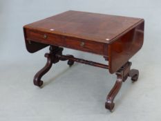 A 19th C. MAHOGANY SOFA TABLE WITH TWO DRAWERS EACH SIDE, THE SHAPED PILASTER ENDS CARVED WITH