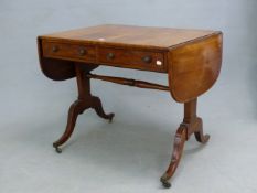 A 19th C. MAHOGANY SOFA TABLE, THE FLAPS WITH EBONY LINE INLAY, THE TWO APRON DRAWERS BETWEEN