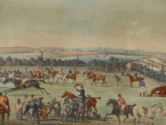 ANTIQUE HAND COLOURED PRINT OF A RACING MEET 36 x 72cms, TOGETHER WITH TWO COACHING PRINTS BY A