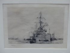 W. L. WYLLIE (1851-1931). A BATTLESHIP, PENCIL SIGNED ETCHING, 22 x 28cms.