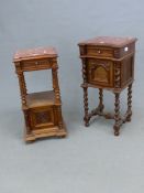 TWO MOTTLED RED MARBLE TOPPED FRENCH WALNUT SIDE CABINETS, ONE WITH A DRAWER OVER A CUPBOARD AND