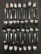 THIRTY VARIOUS GEORGIAN LATE 17th EARLY 18th C. SILVER TEA SPOONS. VARIOUS PARTS OF HALLMARKS RUBBED