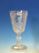 A HOLLOW STEMMED GLASS GOBLET, THE ROUNDED CONICAL BOWL ENGRAVED ON ONE SIDE WILLIAM PITT 1759-