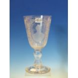 A HOLLOW STEMMED GLASS GOBLET, THE ROUNDED CONICAL BOWL ENGRAVED ON ONE SIDE WILLIAM PITT 1759-